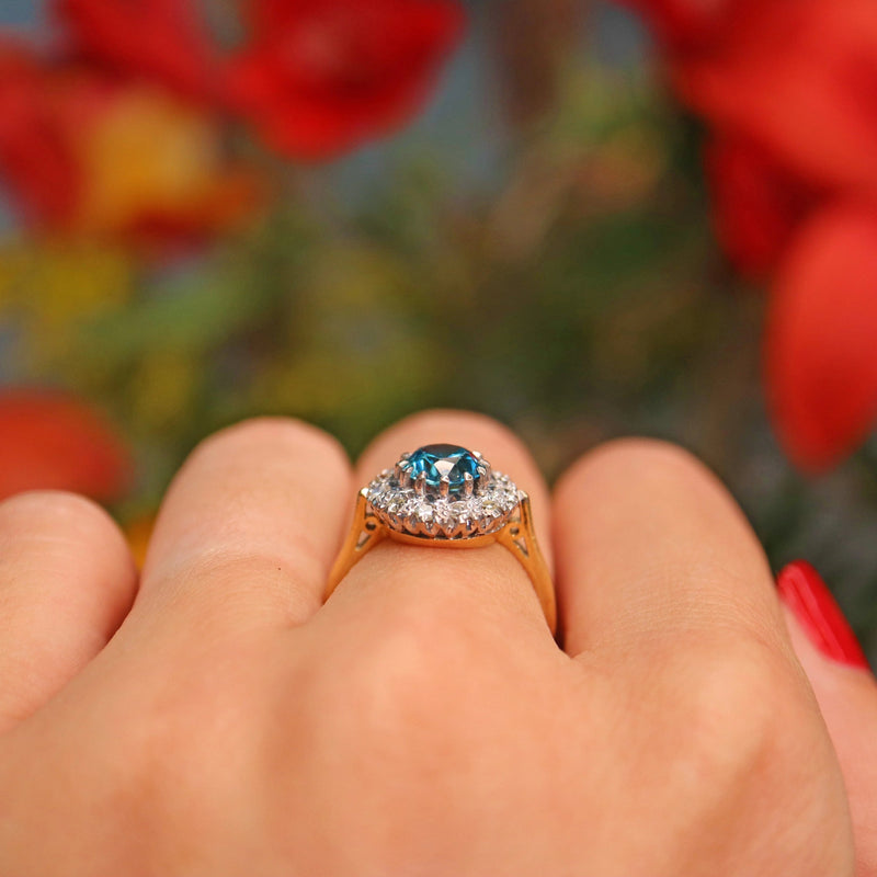 Ellibelle Jewellery Vintage 1964 Blue Zircon & Diamond 18ct Gold Cluster Ring