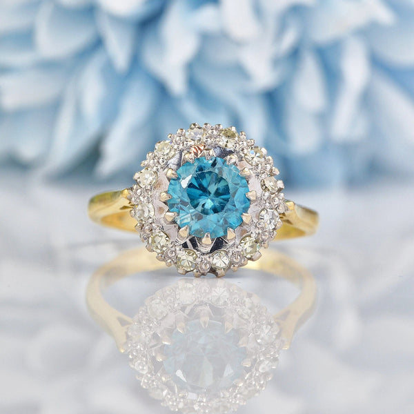 Ellibelle Jewellery Vintage 1964 Blue Zircon & Diamond 18ct Gold Cluster Ring