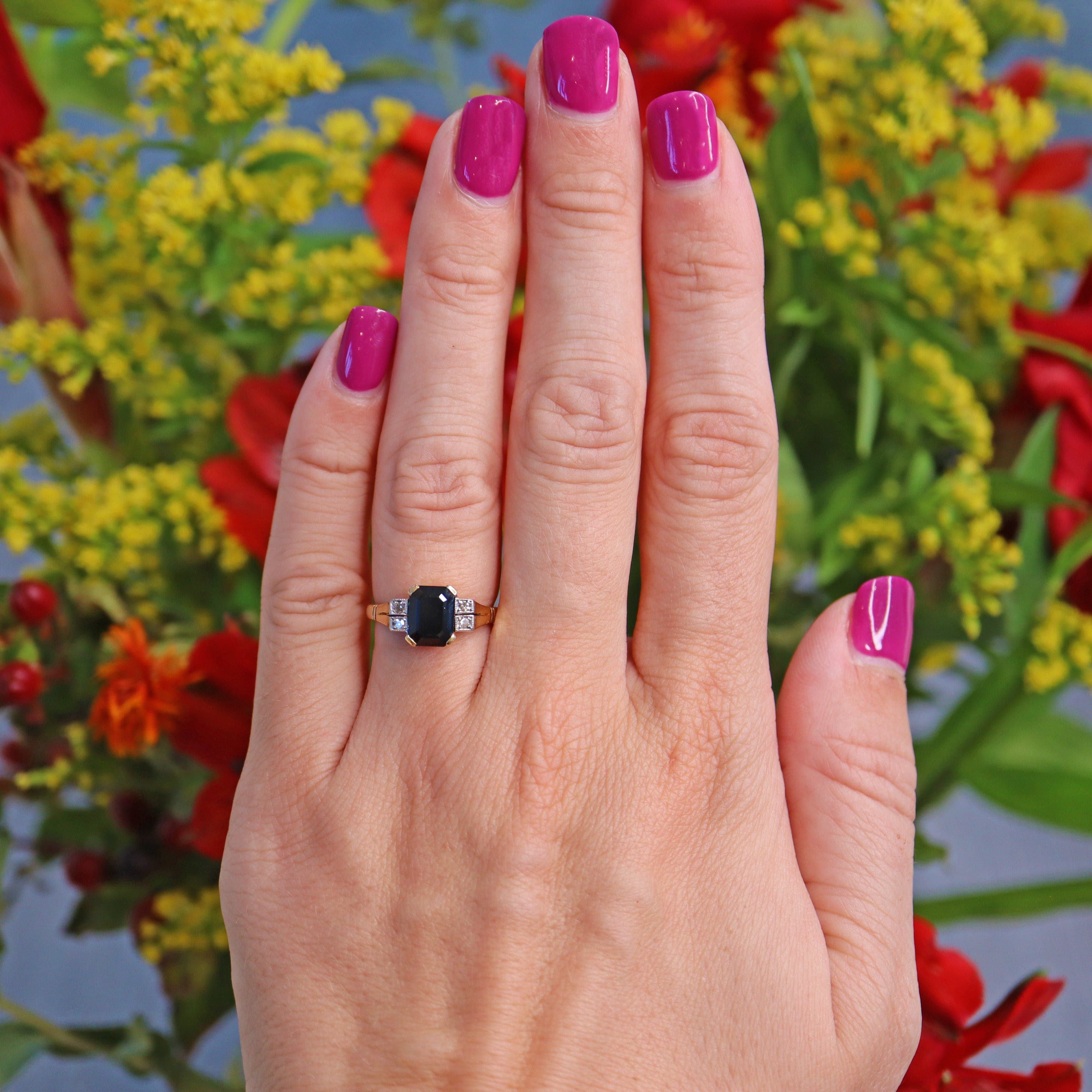 Ellibelle Jewellery Vintage 1965 Dark Sapphire & Diamond Gold Ring