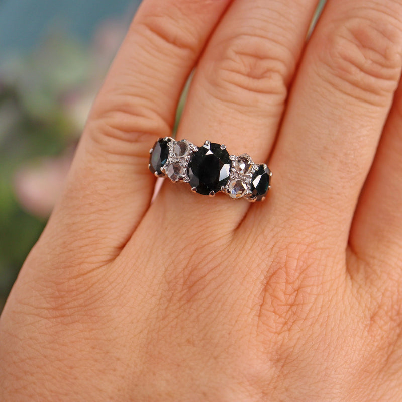 Ellibelle Jewellery Vintage 1968 Sapphire & Rose Cut Diamond 18ct Gold Ring
