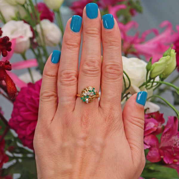 Ellibelle Jewellery Vintage 1970 Emerald & Diamond 18ct Gold Knot Ring