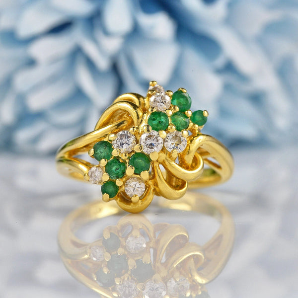 Ellibelle Jewellery Vintage 1970 Emerald & Diamond 18ct Gold Knot Ring