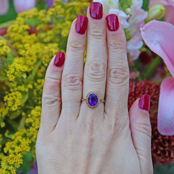 Ellibelle Jewellery Vintage 1970s Amethyst 9ct Gold Solitaire Ring
