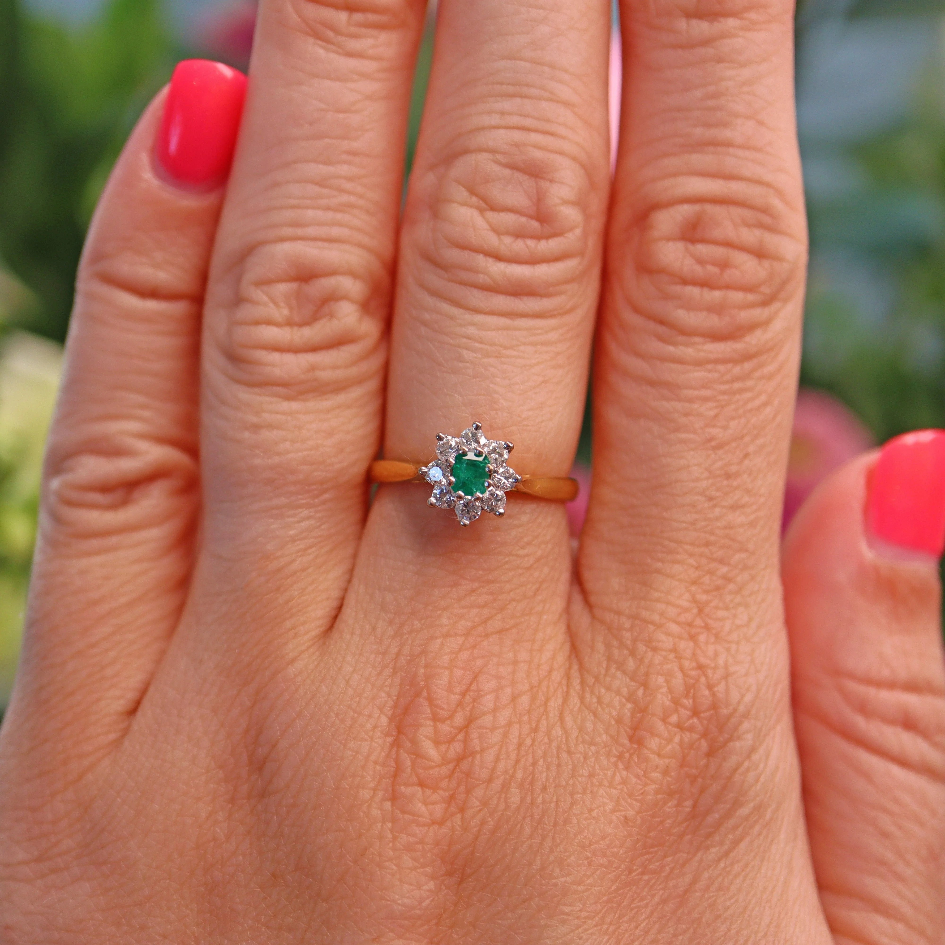 Ellibelle Jewellery Vintage 1970s Emerald & Diamond 18ct Gold Cluster Ring