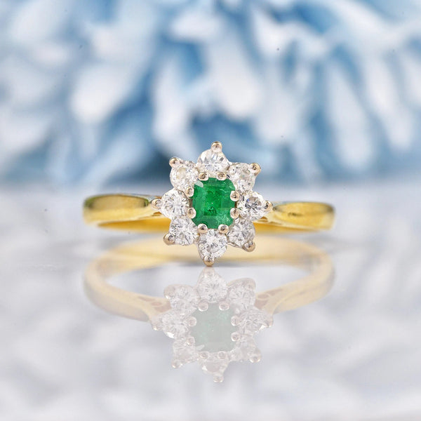 Ellibelle Jewellery Vintage 1970s Emerald & Diamond 18ct Gold Cluster Ring