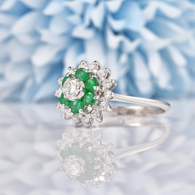 Ellibelle Jewellery Vintage 1970s Emerald & Diamond White Gold Cocktail Ring
