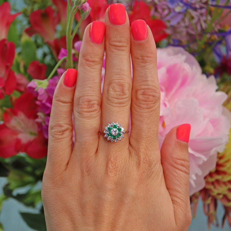 Ellibelle Jewellery Vintage 1970s Emerald & Diamond White Gold Cocktail Ring