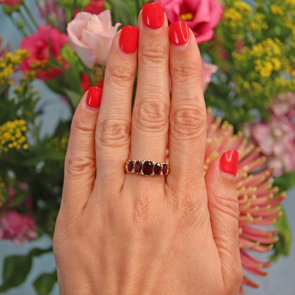 Ellibelle Jewellery Vintage 1970s Garnet 9ct Gold Five Stone Ring