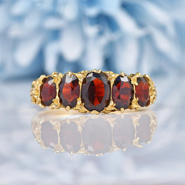Ellibelle Jewellery Vintage 1970s Garnet 9ct Gold Five Stone Ring