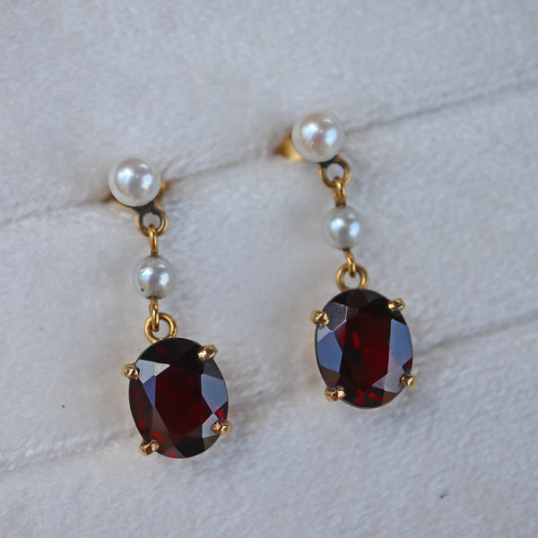 Ellibelle Jewellery Vintage 1970s Garnet & Pearl Gold Drop Earrings