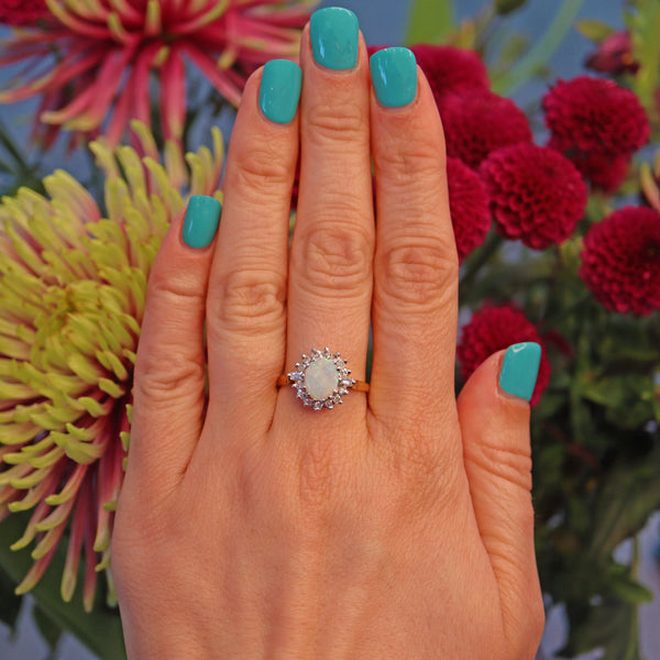 Ellibelle Jewellery Vintage 1970s Opal & Diamond 18ct Gold Cluster Ring