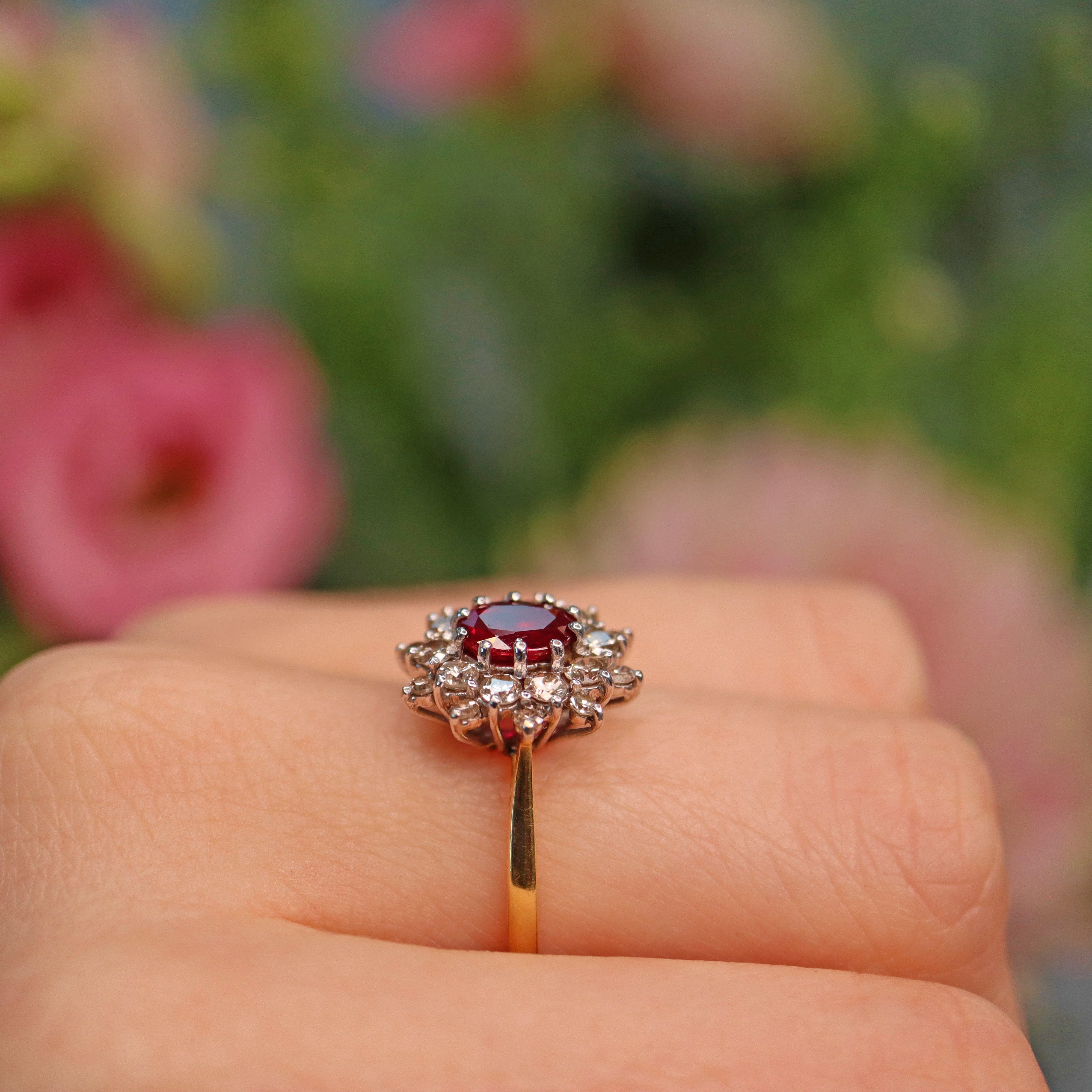 Ellibelle Jewellery Vintage 1970s Ruby & Diamond Cluster Ring