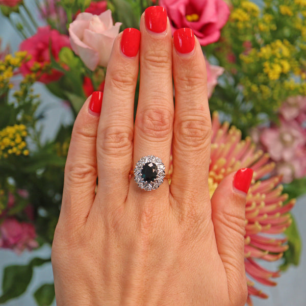Ellibelle Jewellery Vintage 1970s Sapphire & Diamond 18ct Gold Cluster Ring