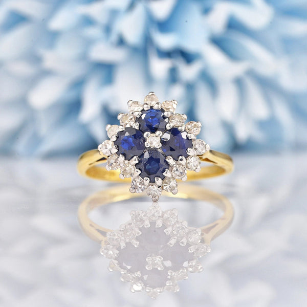 Ellibelle Jewellery Vintage 1970s Sapphire & Diamond 18ct Gold Cluster Ring