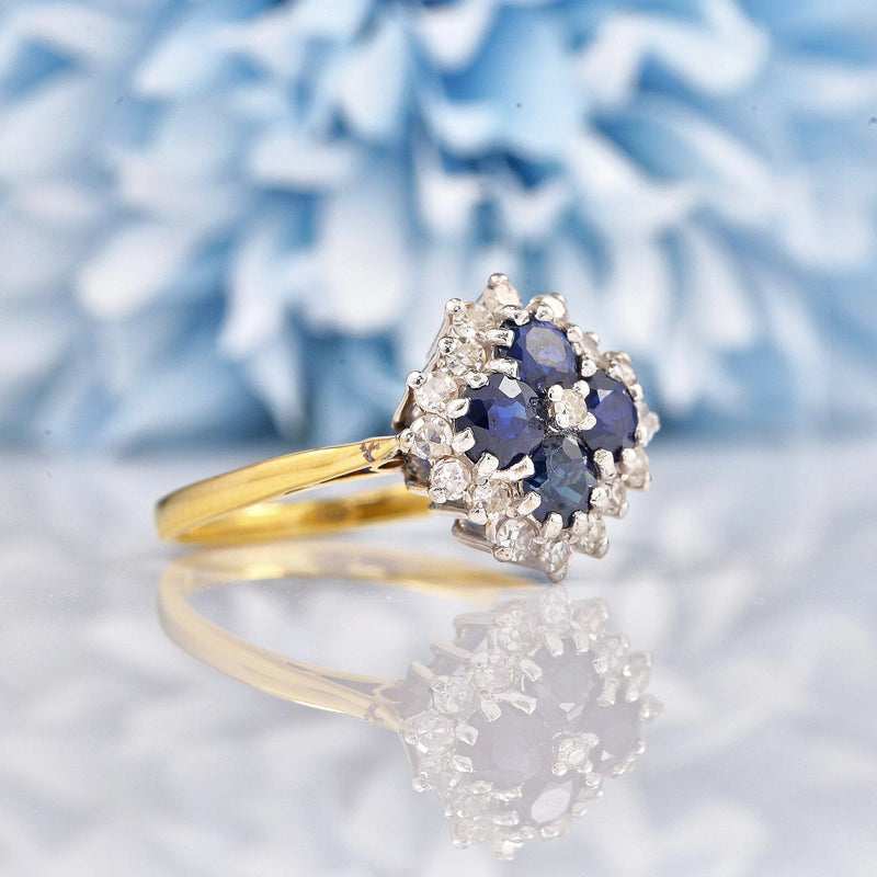 Ellibelle Jewellery Vintage 1970s Sapphire & Diamond 18ct Gold Cluster Ring