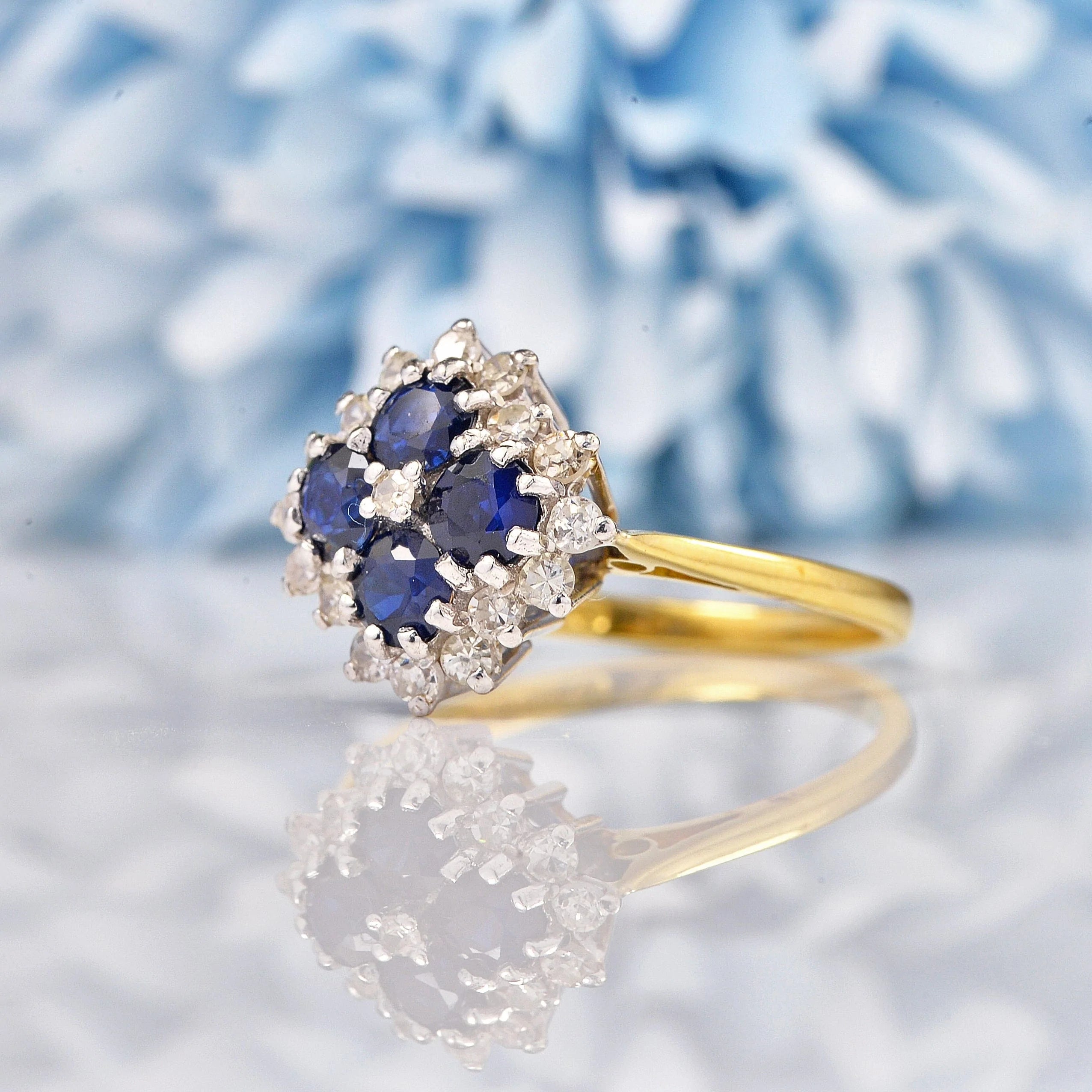 Ellibelle Jewellery Vintage 1970s Sapphire & Diamond 18ct Gold Cluster Ring