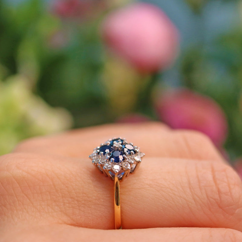 Ellibelle Jewellery Vintage 1970s Sapphire & Diamond 18ct Gold Cluster Ring