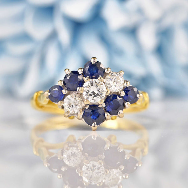 Ellibelle Jewellery Vintage 1970s Sapphire & Diamond 18ct Gold Kite Cluster Ring