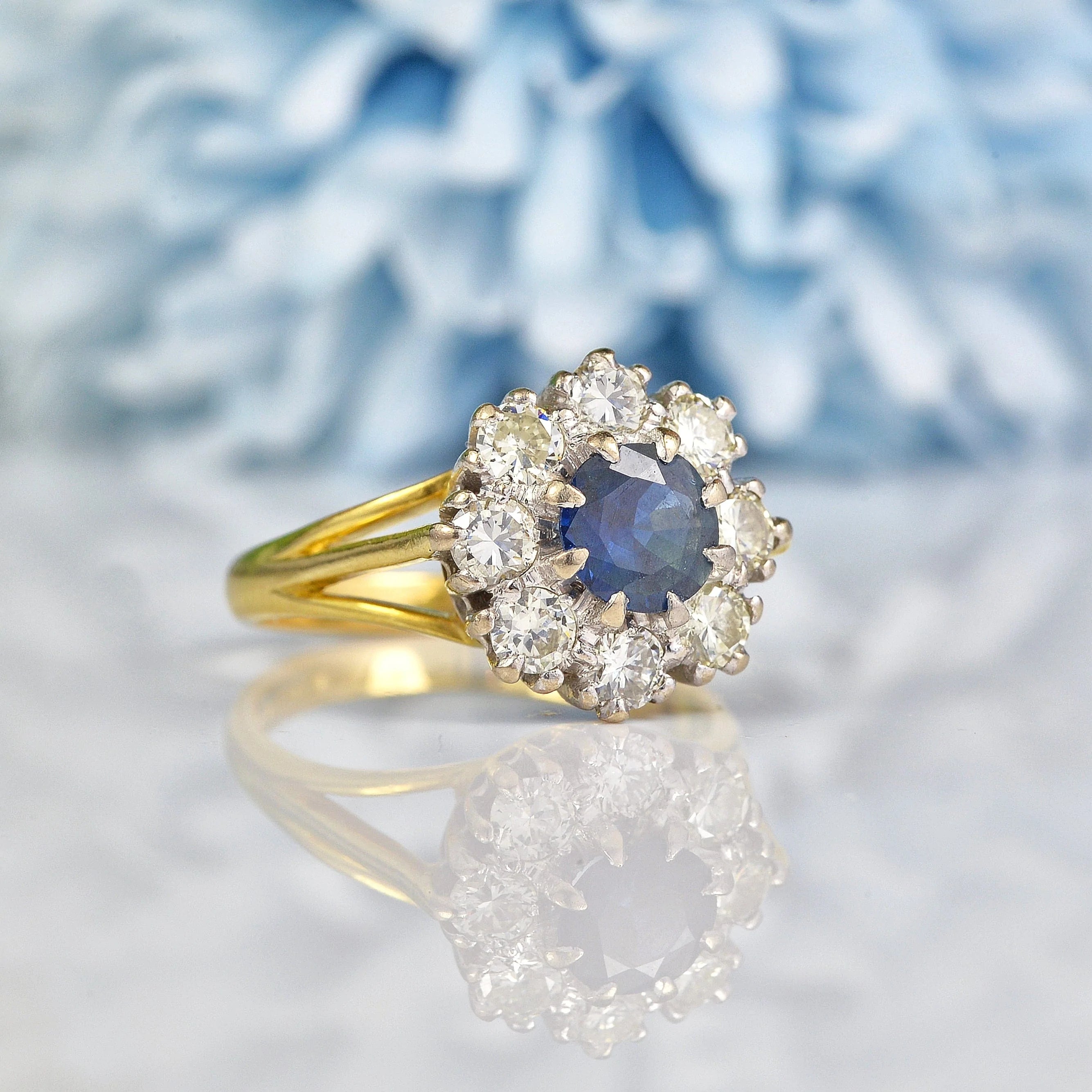 Ellibelle Jewellery VINTAGE 1970S SAPPHIRE & DIAMOND ROUND CLUSTER RING