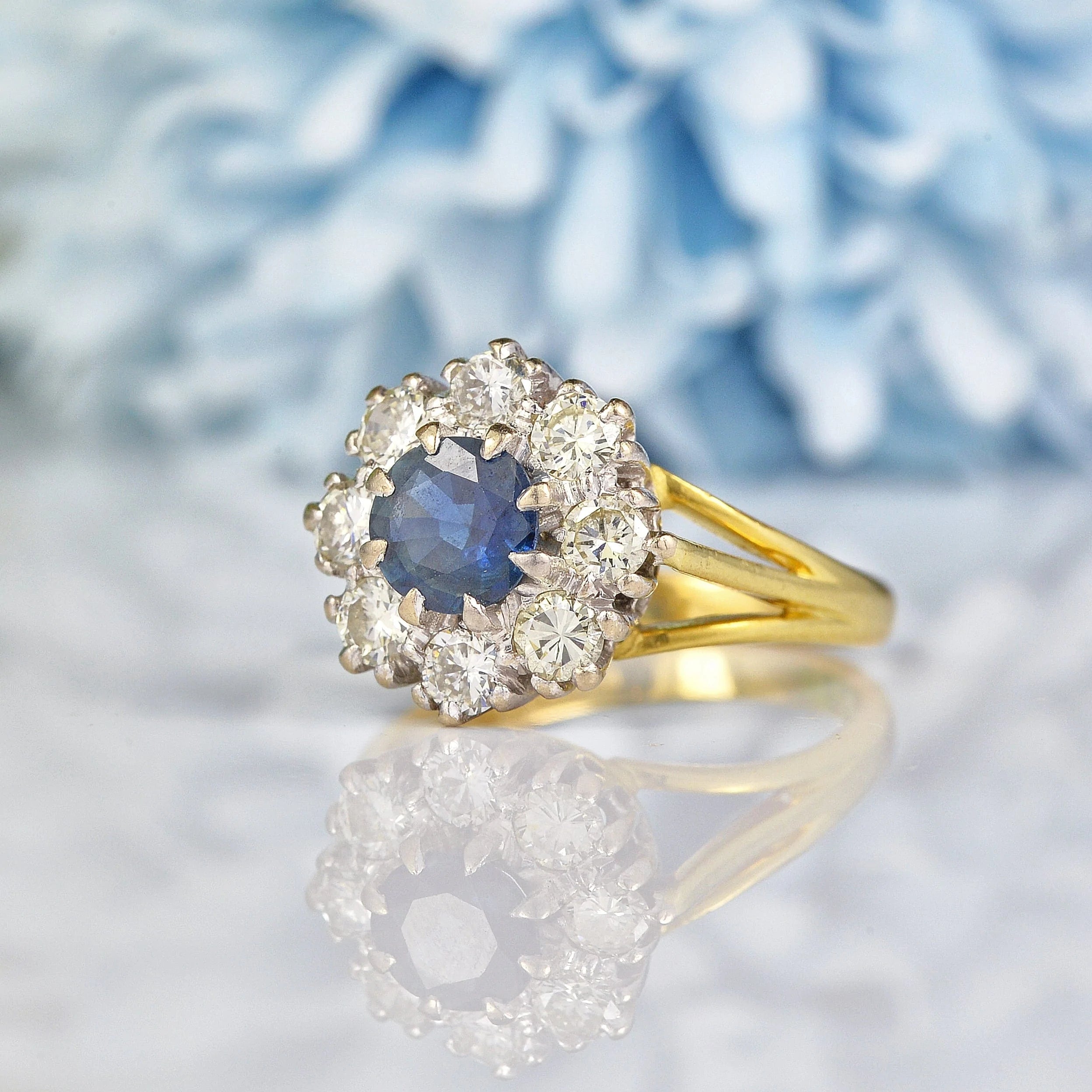 Ellibelle Jewellery VINTAGE 1970S SAPPHIRE & DIAMOND ROUND CLUSTER RING