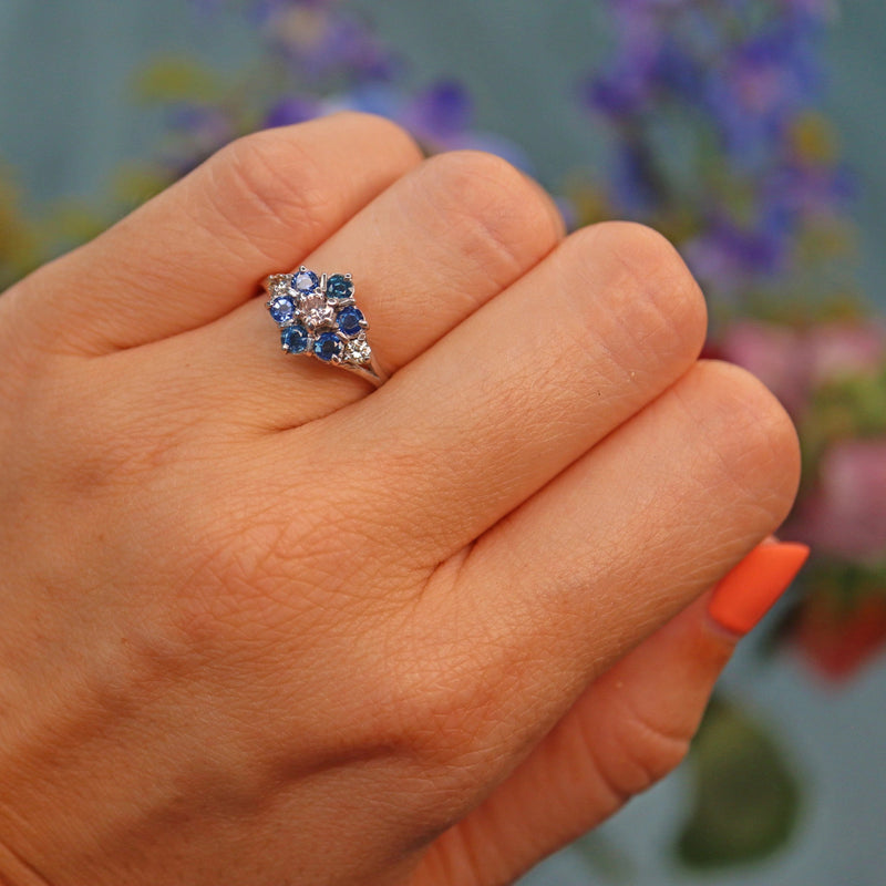 Ellibelle Jewellery Vintage 1970s Sapphire & Diamond White Gold Cluster Ring