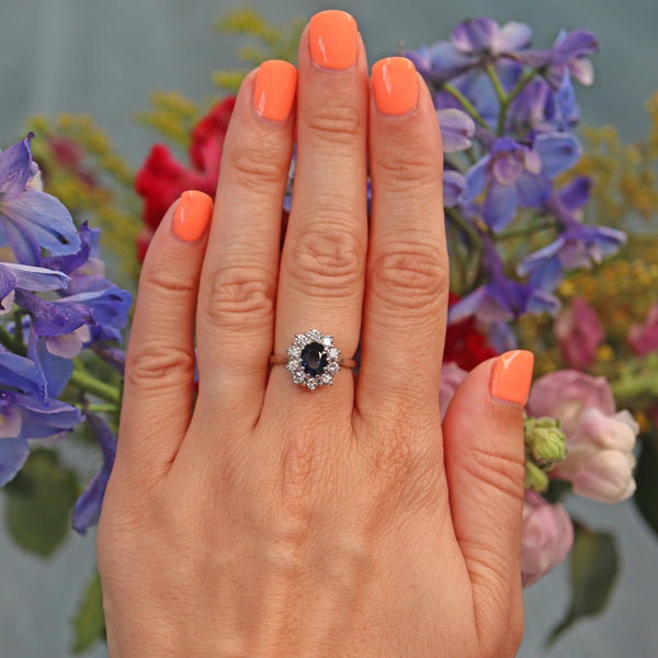 Ellibelle Jewellery Vintage 1970s Sapphire & Diamond White Gold Cluster Ring