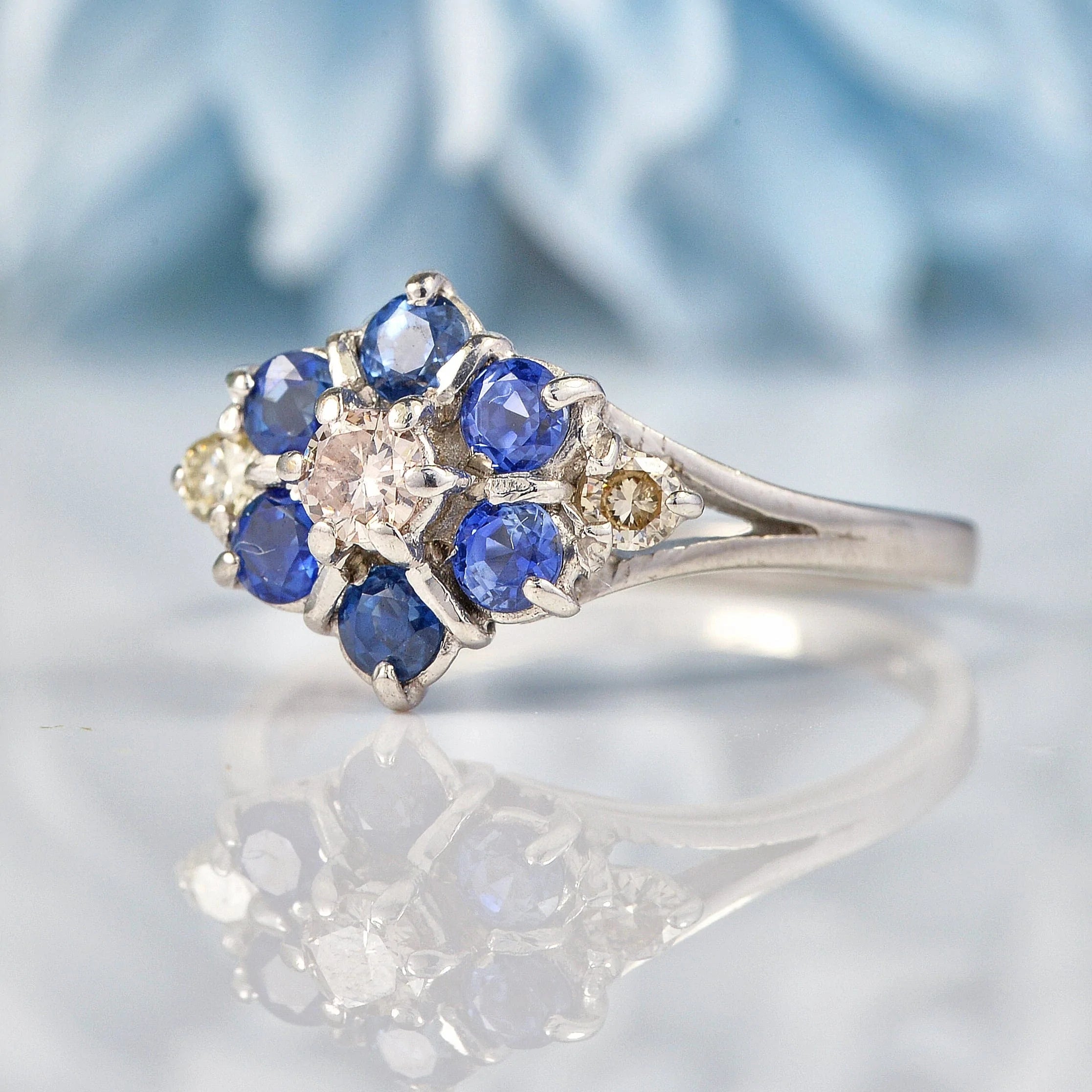 Ellibelle Jewellery Vintage 1970s Sapphire & Diamond White Gold Cluster Ring