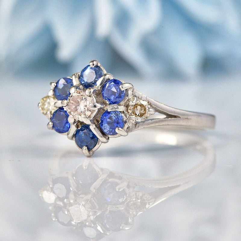 Ellibelle Jewellery Vintage 1970s Sapphire & Diamond White Gold Cluster Ring
