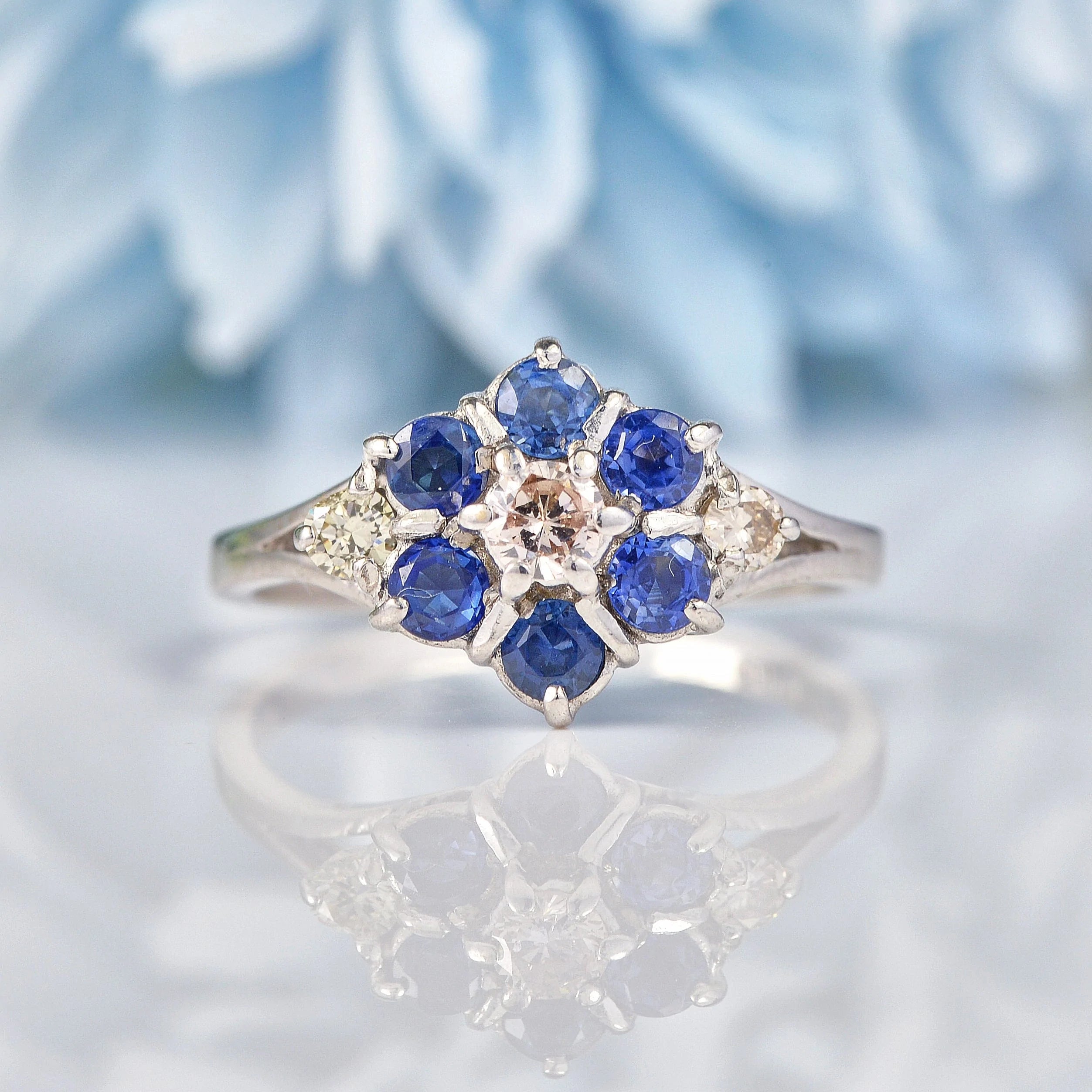 Ellibelle Jewellery Vintage 1970s Sapphire & Diamond White Gold Cluster Ring