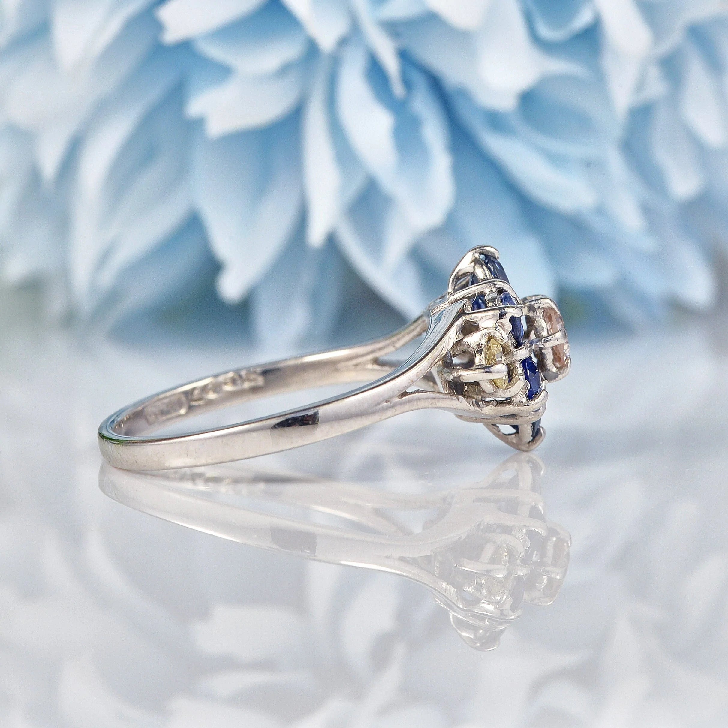 Ellibelle Jewellery Vintage 1970s Sapphire & Diamond White Gold Cluster Ring