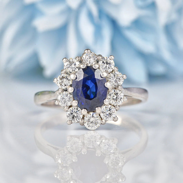 Ellibelle Jewellery Vintage 1970s Sapphire & Diamond White Gold Cluster Ring