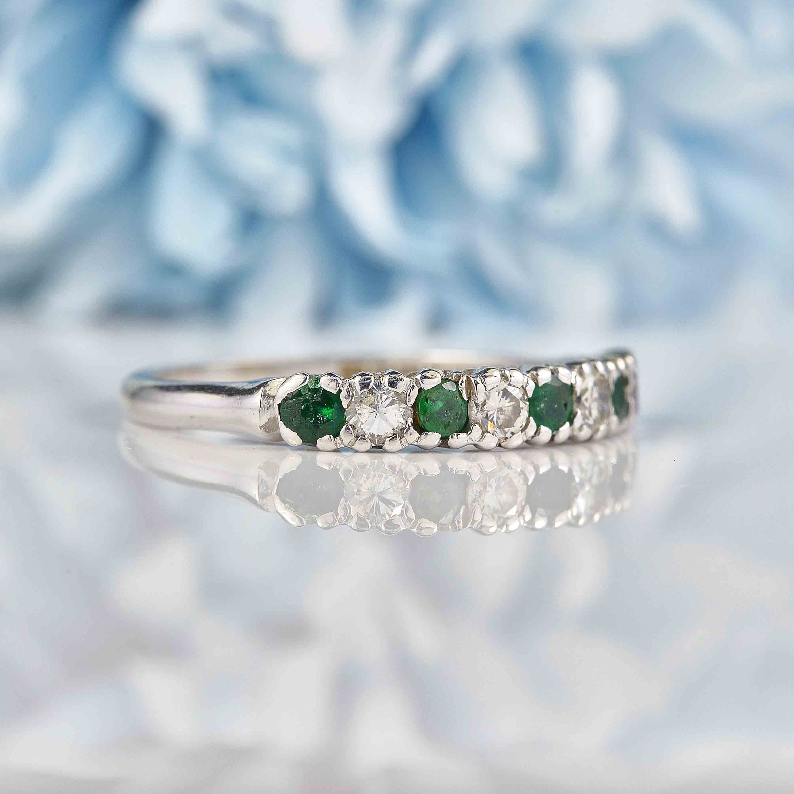 Ellibelle Jewellery Vintage 1972 Emerald & Diamond White Gold Half Eternity Band Ring