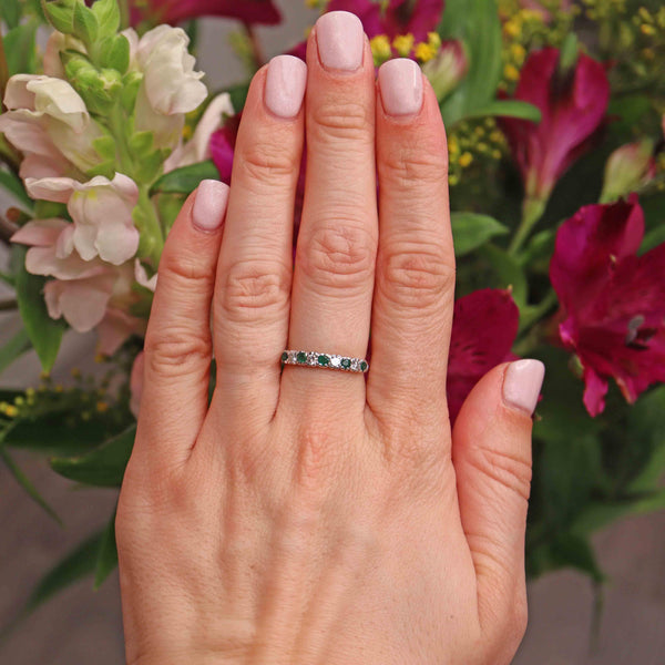 Ellibelle Jewellery Vintage 1972 Emerald & Diamond White Gold Half Eternity Band Ring