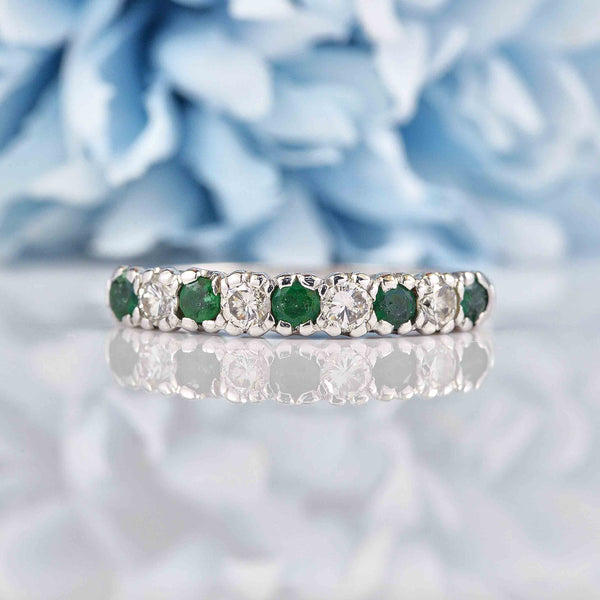 Ellibelle Jewellery Vintage 1972 Emerald & Diamond White Gold Half Eternity Band Ring