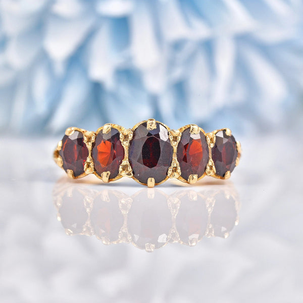 Ellibelle Jewellery Vintage 1972 Garnet Five Stone 9ct Gold Ring