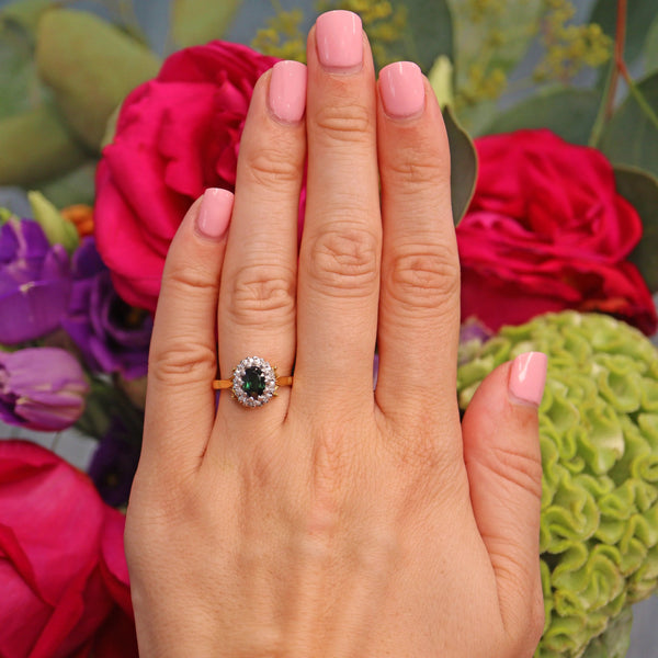 Ellibelle Jewellery Vintage 1972 Green Tourmaline & Diamond Cluster Ring