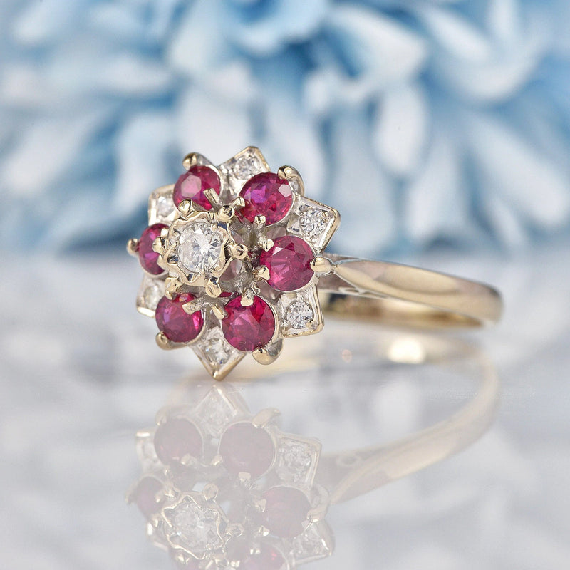Ellibelle Jewellery Vintage 1972 Ruby & Diamond 18ct White Gold Star Cluster Ring