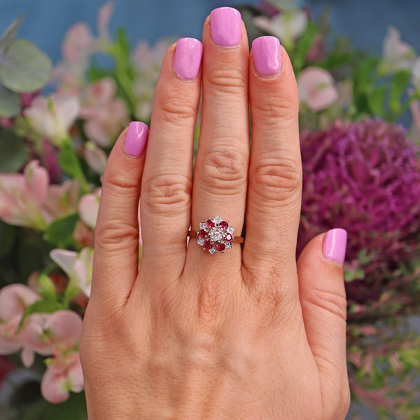 Ellibelle Jewellery Vintage 1972 Ruby & Diamond 18ct White Gold Star Cluster Ring