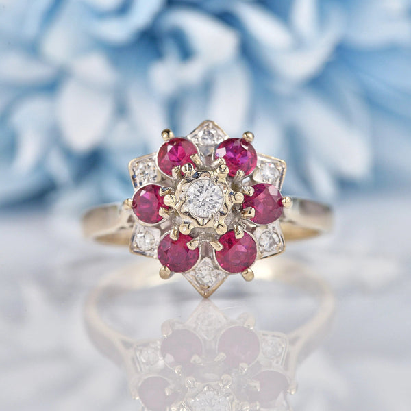 Ellibelle Jewellery Vintage 1972 Ruby & Diamond 18ct White Gold Star Cluster Ring
