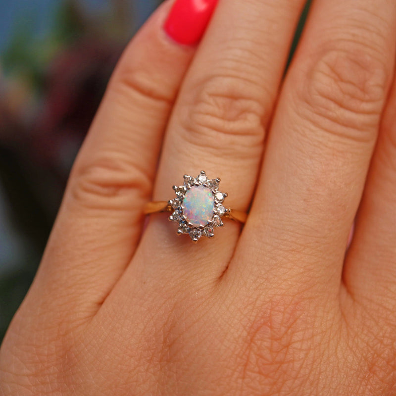 Ellibelle Jewellery Vintage 1973 Opal & Diamond 18ct Gold Cluster Ring