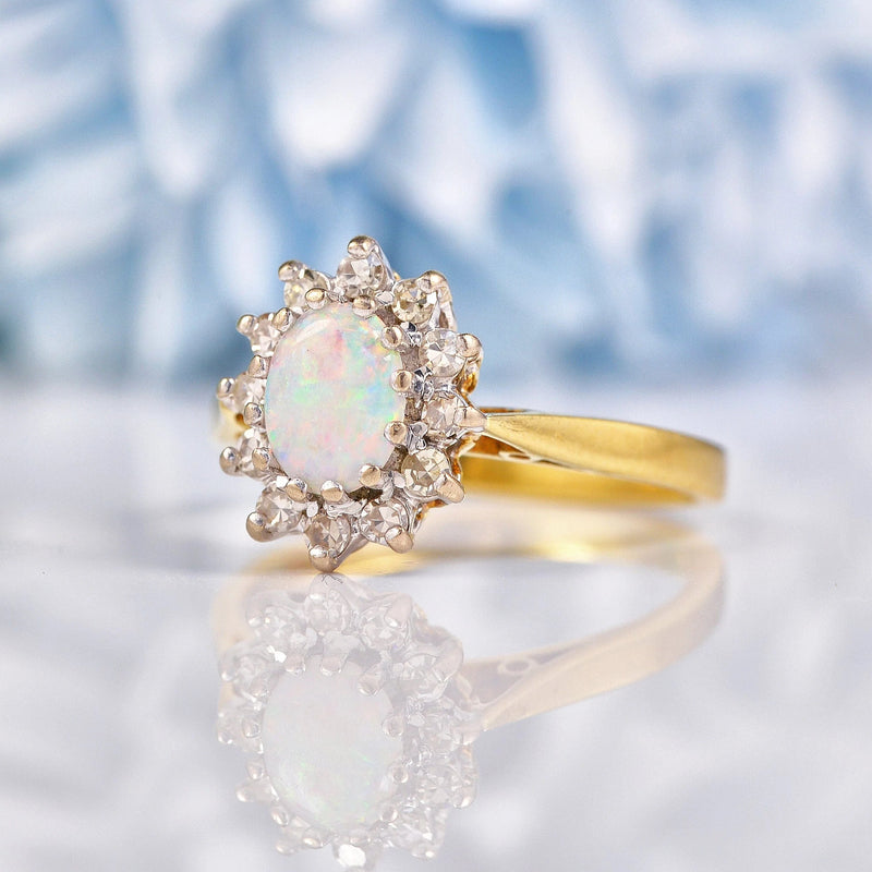 Ellibelle Jewellery Vintage 1973 Opal & Diamond 18ct Gold Cluster Ring