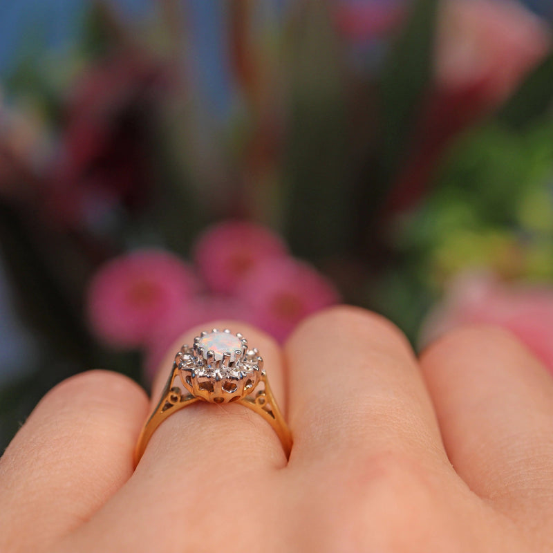 Ellibelle Jewellery Vintage 1973 Opal & Diamond 18ct Gold Cluster Ring