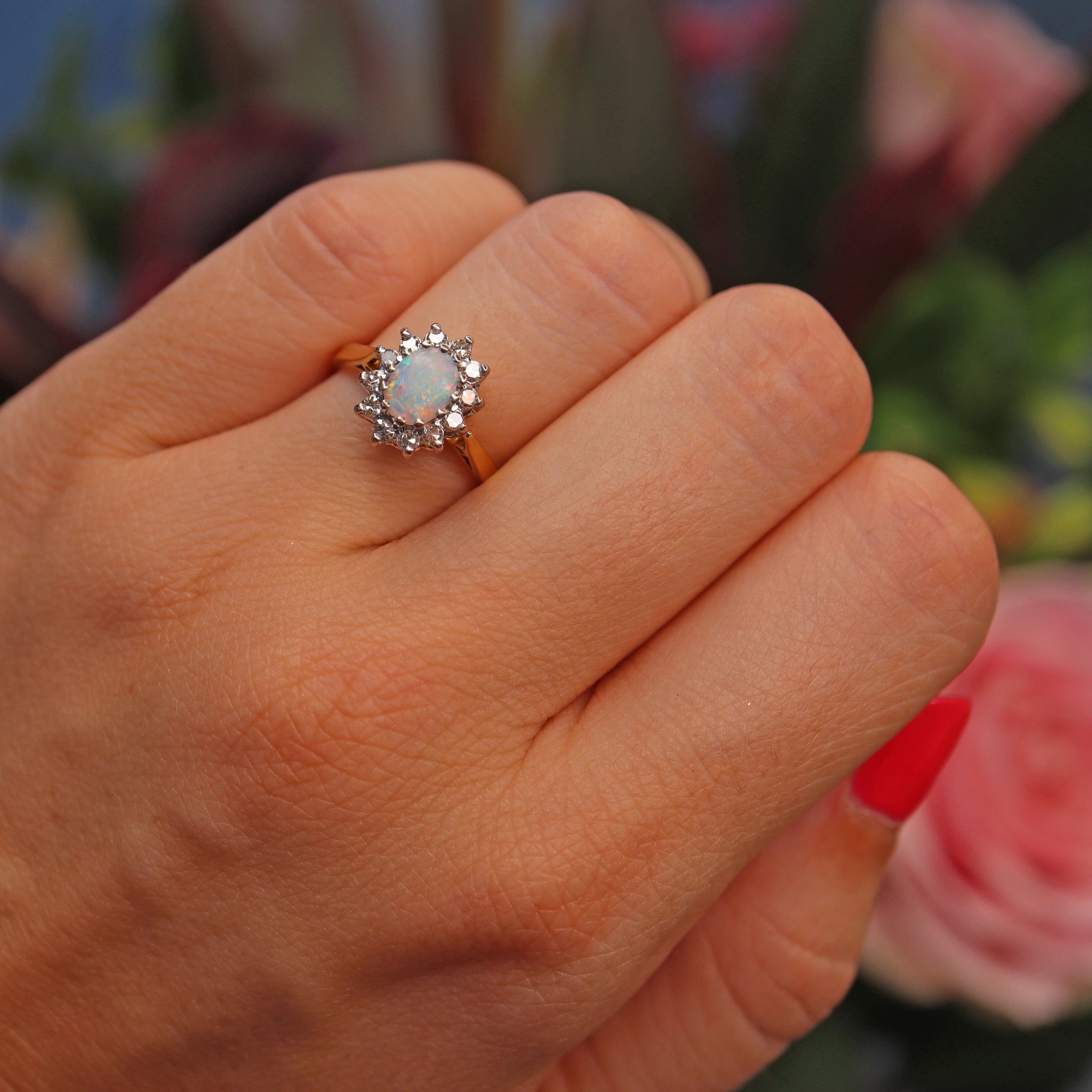 Ellibelle Jewellery Vintage 1973 Opal & Diamond 18ct Gold Cluster Ring