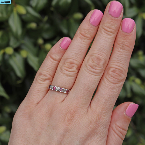 Vintage 1973 Ruby & Diamond 18ct Gold Half Eternity Band Ring
