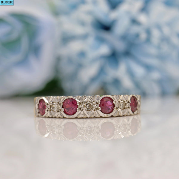 Ellibelle Jewellery VINTAGE 1973 RUBY & DIAMOND 18CT GOLD HALF ETERNITY BAND RING