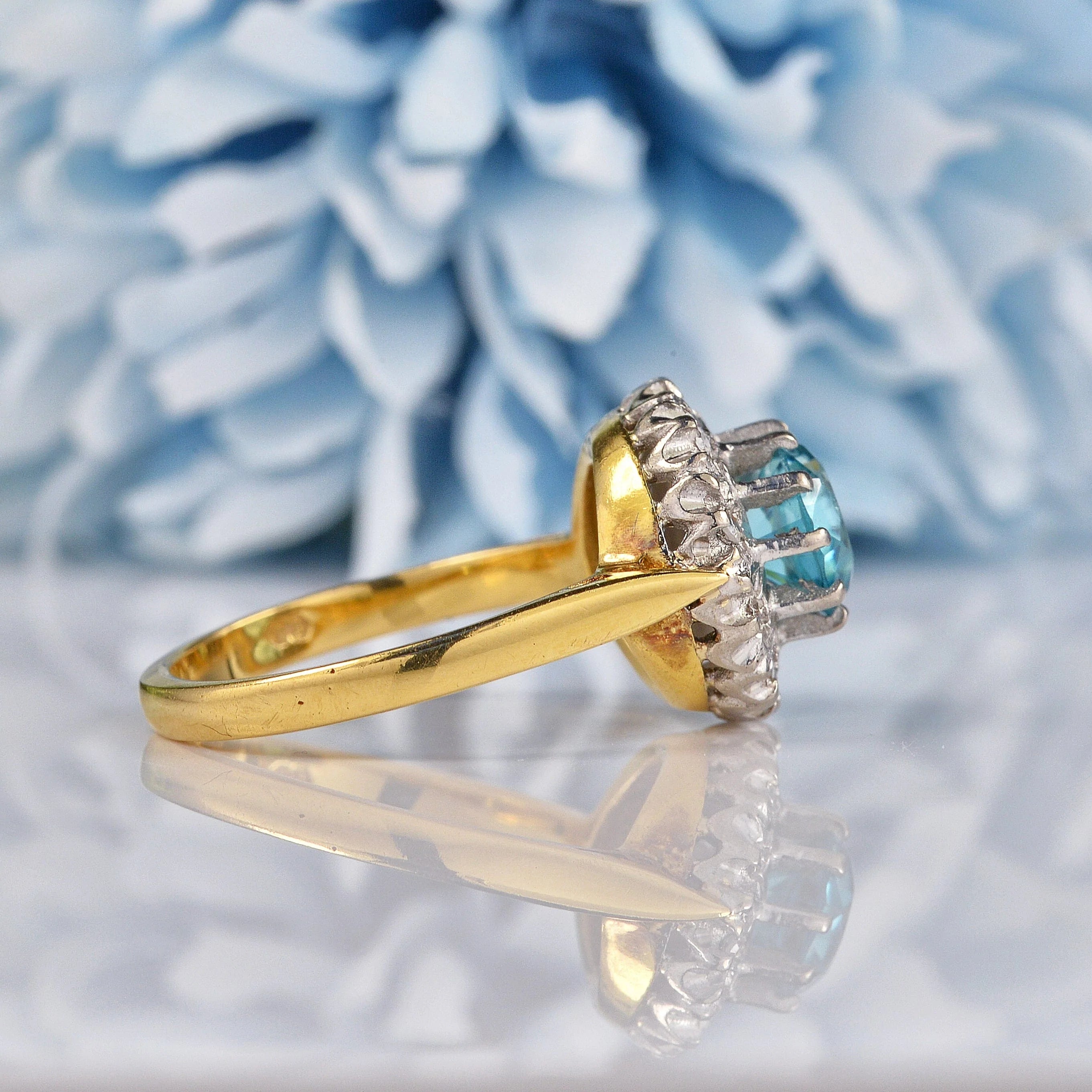 Ellibelle Jewellery Vintage 1974 Blue Zircon & Diamond 18ct Gold Cluster Ring