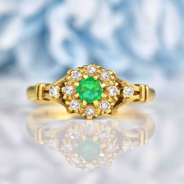 Ellibelle Jewellery Vintage 1974 Emerald & Diamond 18ct Gold Cluster Ring