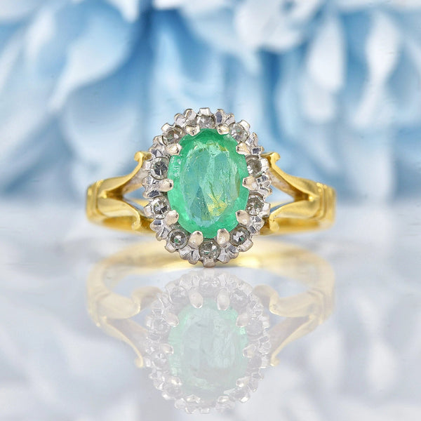 Ellibelle Jewellery Vintage 1975 Emerald & Diamond 18ct Gold Cluster Ring
