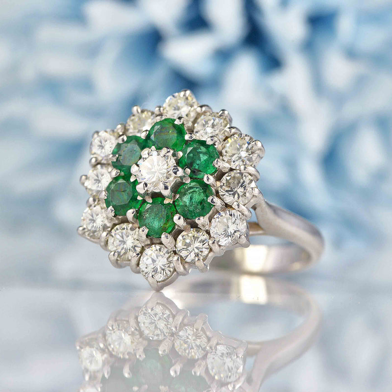 Ellibelle Jewellery Vintage 1975 Emerald & Diamond 18ct White Gold Cluster Ring