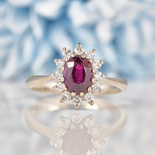 Ellibelle Jewellery Vintage 1975 Ruby & Diamond 18ct White Gold Cluster Ring